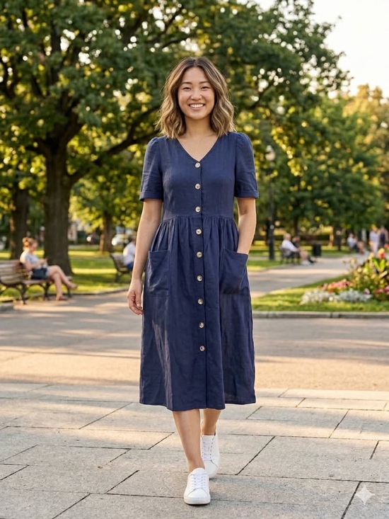 Dresses & Skirts - Button-Front Navy Midi Dress with Pockets